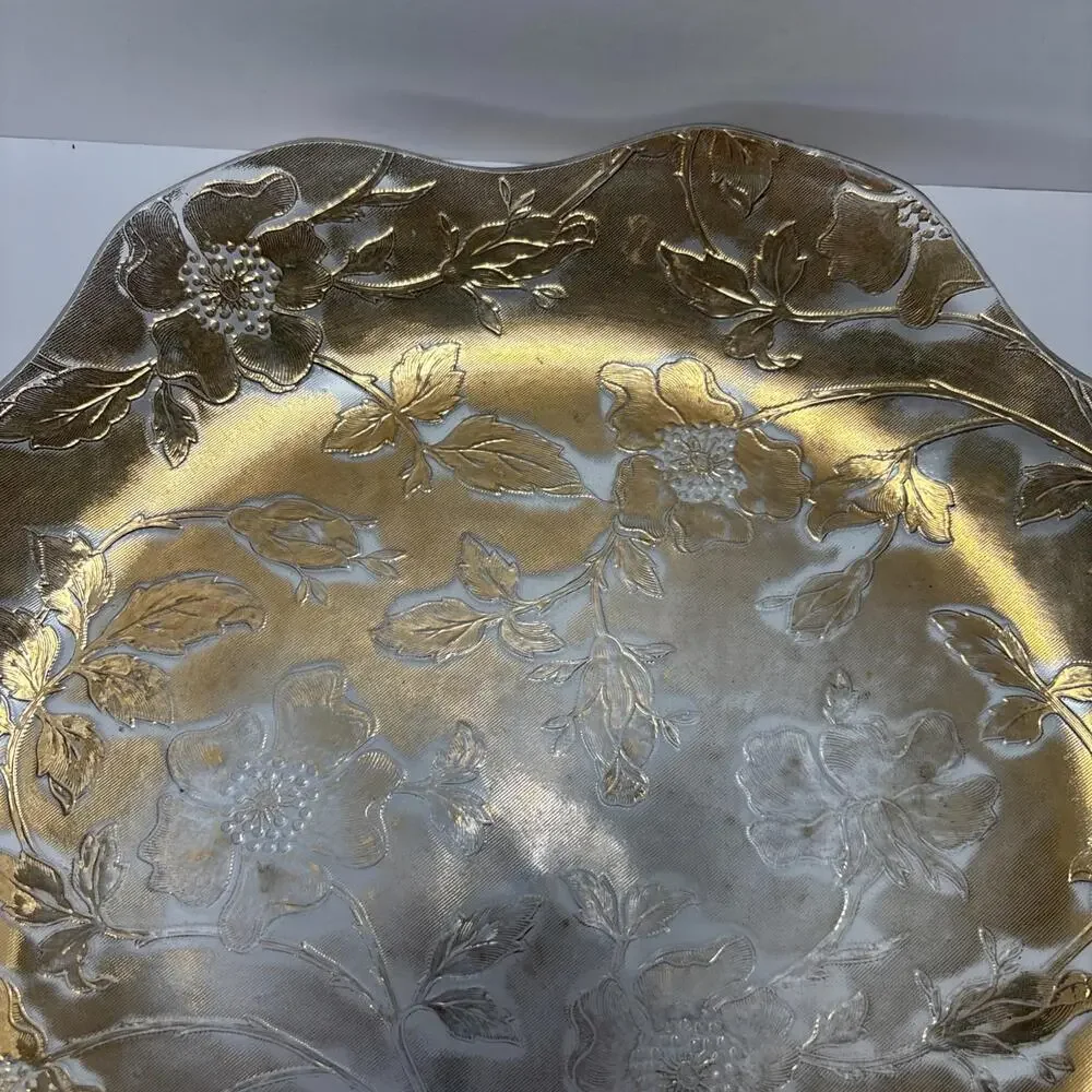 Vintage Etched Glass Plate 11” Gold Floral Scalloped Edge Mid-Century